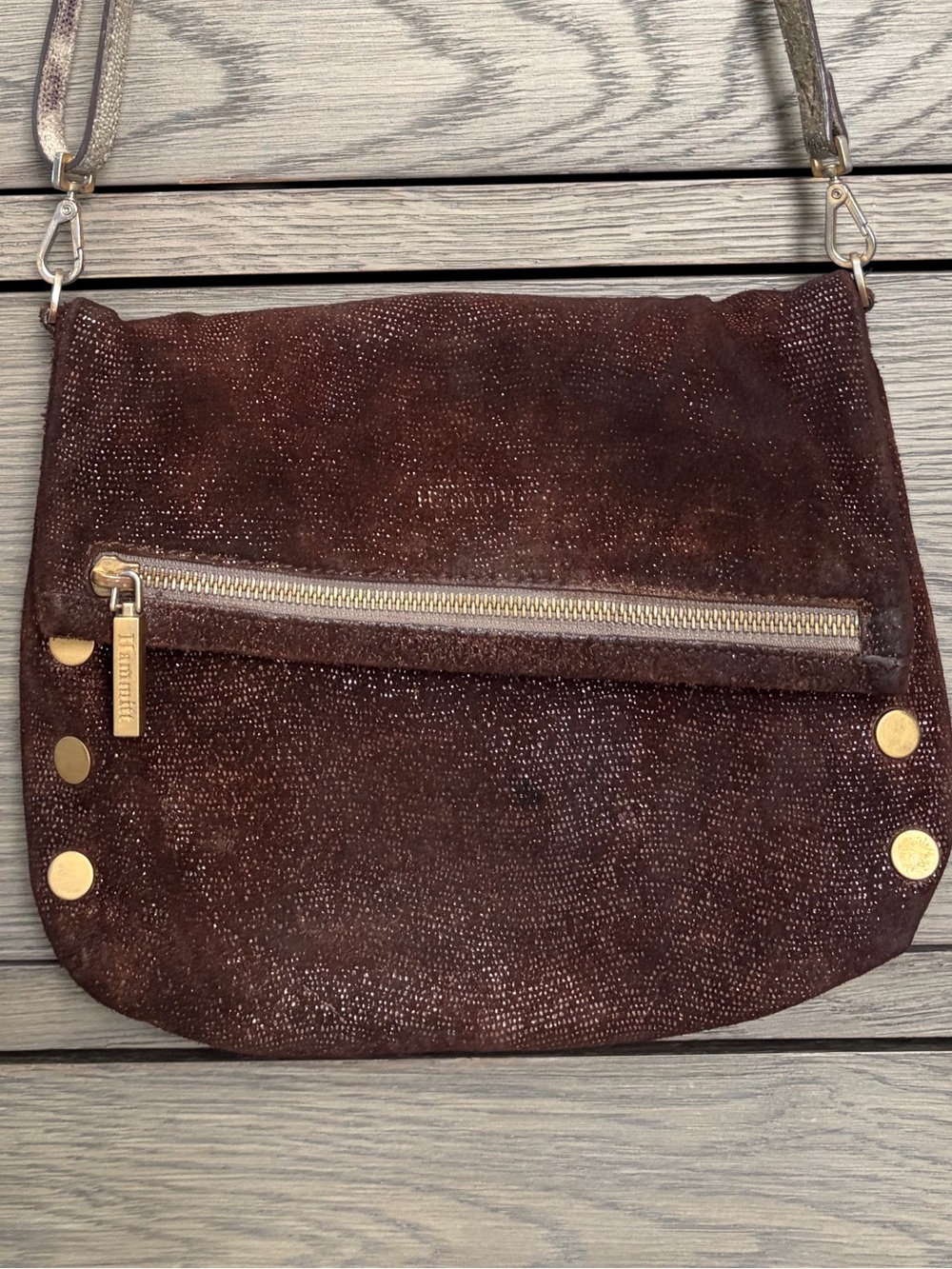 Hammitt VIP Crossbody Bag, Brown Sparkly Suede Purse with Gold Hardware